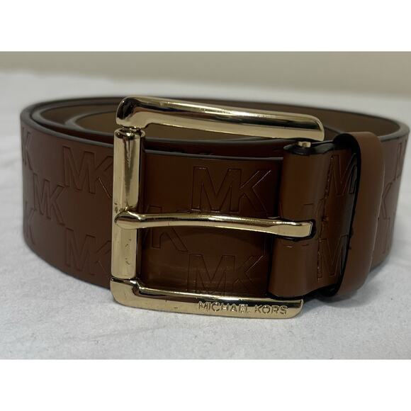 Vintage Michael Kors Unisex Brown Leather Belt Gold Hardware Size M Embossed - Picture 1 of 6